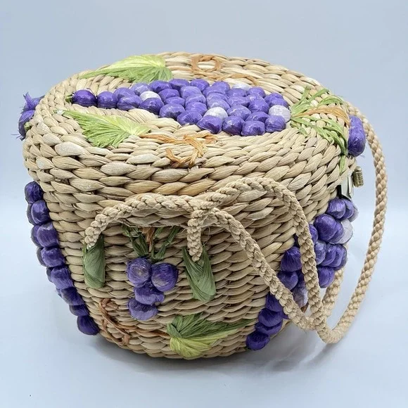 Vintage‎ Wicker Purple Grapes Basket Handbag Made In Philippines - Picture 6 of 12